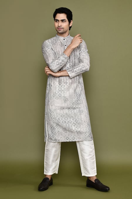Buy_Arihant Rai Sinha_Grey Cotton, Silk Embroidery Vintage Diamonte Bloom Print Kurta With Pant