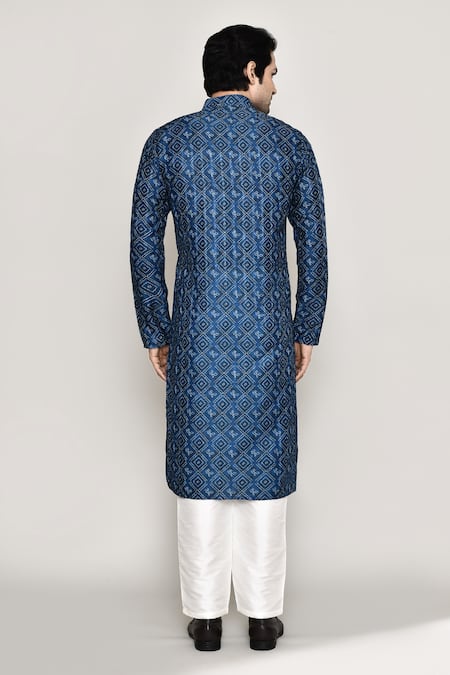 Shop_Arihant Rai Sinha_Blue Cotton, Silk Embroidery Bandhani Jaal Print Kurta With Pant _at_Aza_Fashions