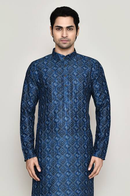 Buy Arihant Rai Sinha Blue Cotton, Silk Embroidery Bandhani Jaal Print Kurta With Pant Online at Aza Fashions Buy_Arihant Rai Sinha_Blue Cotton, Silk Embroidery Bandhani Jaal Print Kurta With Pant _Online_at_Aza_Fashions