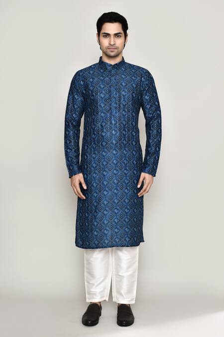 Shop_Arihant Rai Sinha_Blue Cotton, Silk Embroidery Bandhani Jaal Print Kurta With Pant _Online_at_Aza_Fashions