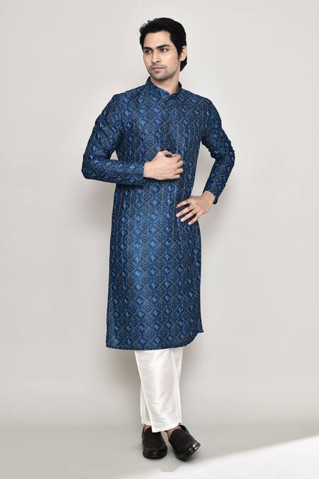 Buy_Arihant Rai Sinha_Blue Cotton, Silk Embroidery Bandhani Jaal Print Kurta With Pant 