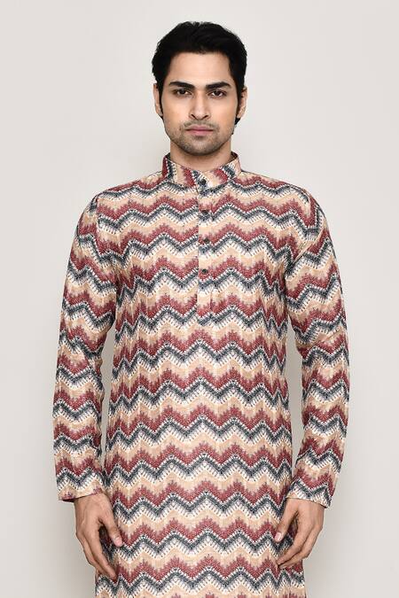 Buy Arihant Rai Sinha Multi Color Cotton, Silk Chevron Flora Print Kurta With Pant Online at Aza Fashions Buy_Arihant Rai Sinha_Multi Color Cotton, Silk Chevron Flora Print Kurta With Pant _Online_at_Aza_Fashions