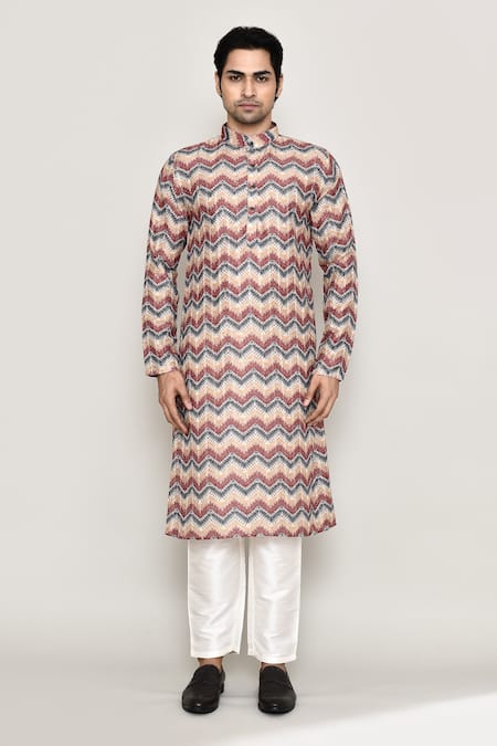 Shop_Arihant Rai Sinha_Multi Color Cotton, Silk Chevron Flora Print Kurta With Pant _Online_at_Aza_Fashions