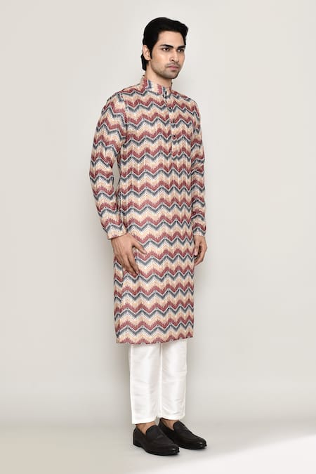 Arihant Rai Sinha_Multi Color Cotton, Silk Chevron Flora Print Kurta With Pant _at_Aza_Fashions