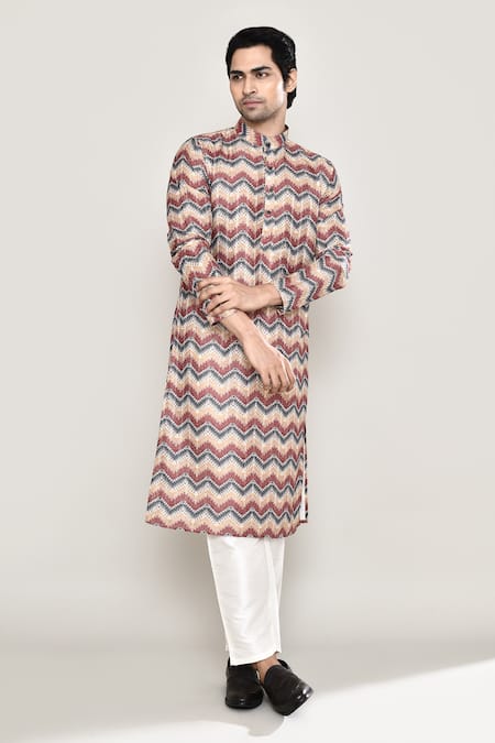 Buy_Arihant Rai Sinha_Multi Color Cotton, Silk Chevron Flora Print Kurta With Pant 
