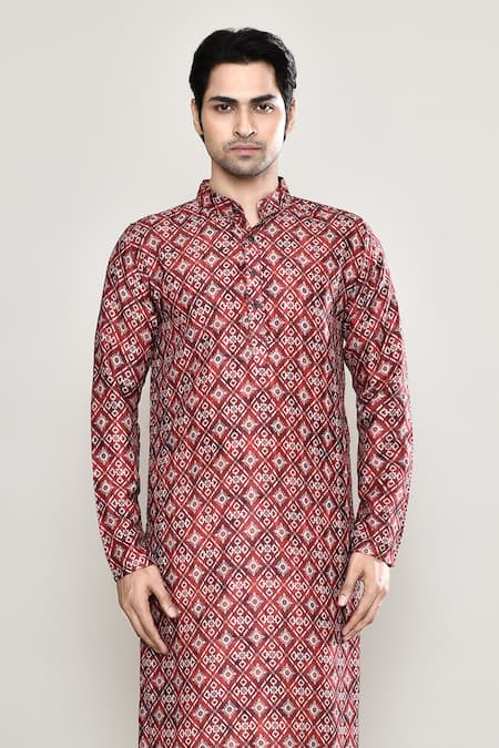 Buy_Arihant Rai Sinha_Maroon Cotton, Silk Embroidery Mosaic Phool Print Kurta With Pant_Online_at_Aza_Fashions