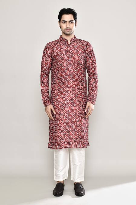 Shop_Arihant Rai Sinha_Maroon Cotton, Silk Embroidery Mosaic Phool Print Kurta With Pant_Online_at_Aza_Fashions