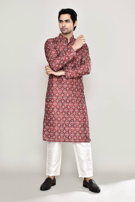 Buy_Arihant Rai Sinha_Maroon Cotton, Silk Embroidery Mosaic Phool Print Kurta With Pant