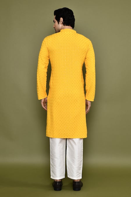 Shop_Arihant Rai Sinha_Yellow Rayon, Cotton, Silk Sequins, Floret Jaal Chikankari Kurta With Pant _at_Aza_Fashions