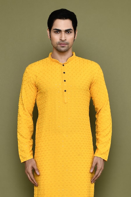 Buy_Arihant Rai Sinha_Yellow Rayon, Cotton, Silk Sequins, Floret Jaal Chikankari Kurta With Pant _Online_at_Aza_Fashions