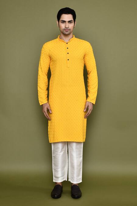 Shop_Arihant Rai Sinha_Yellow Rayon, Cotton, Silk Sequins, Floret Jaal Chikankari Kurta With Pant _Online_at_Aza_Fashions