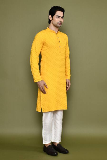 Arihant Rai Sinha_Yellow Rayon, Cotton, Silk Sequins, Floret Jaal Chikankari Kurta With Pant _at_Aza_Fashions