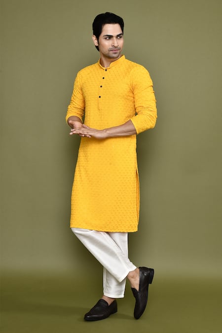 Buy_Arihant Rai Sinha_Yellow Rayon, Cotton, Silk Sequins, Floret Jaal Chikankari Kurta With Pant 