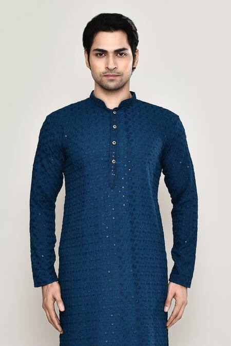 Buy_Arihant Rai Sinha_Blue Rayon, Cotton, Silk Embroidery, Bloom Jaal Chikankari Kurta With Pant_Online_at_Aza_Fashions