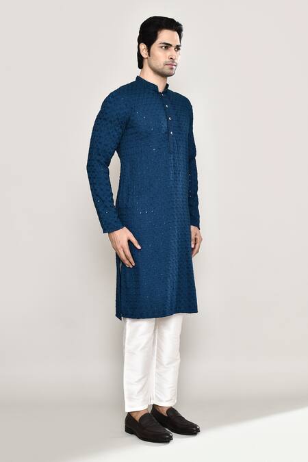 Arihant Rai Sinha_Blue Rayon, Cotton, Silk Embroidery, Bloom Jaal Chikankari Kurta With Pant_at_Aza_Fashions