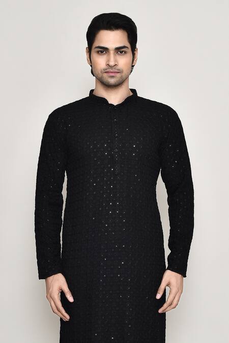 Buy_Arihant Rai Sinha_Black Rayon, Cotton Sequins Phool Jaal Chikankari Embroidered Kurta With Pant _Online_at_Aza_Fashions