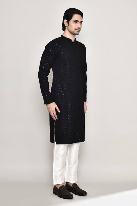 Arihant Rai Sinha_Black Rayon, Cotton Sequins Phool Jaal Chikankari Embroidered Kurta With Pant _at_Aza_Fashions