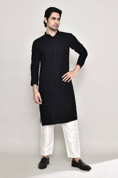 Buy_Arihant Rai Sinha_Black Rayon, Cotton Sequins Phool Jaal Chikankari Embroidered Kurta With Pant 