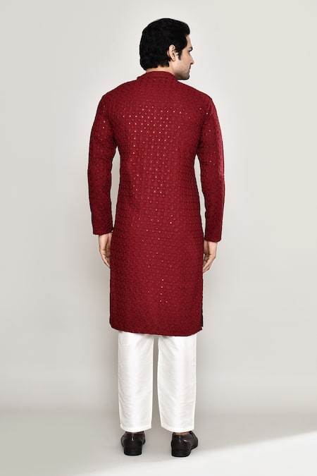 Shop_Arihant Rai Sinha_Maroon Rayon, Cotton, Silk Flower Jaal Chikankari Embroidered Kurta With Pant _at_Aza_Fashions