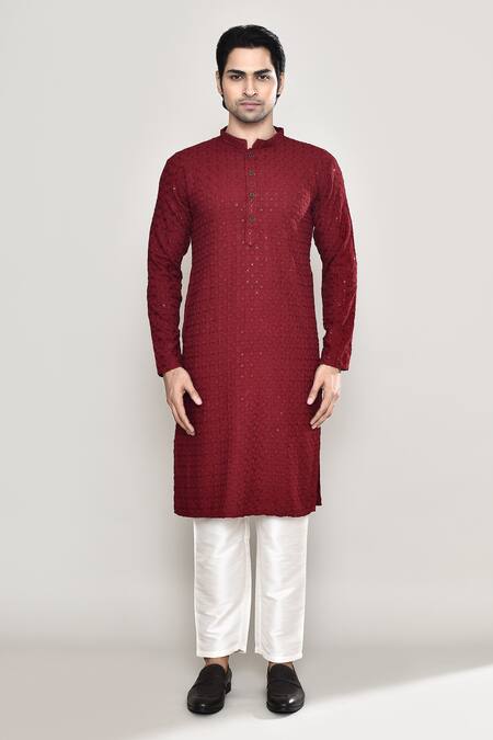 Shop_Arihant Rai Sinha_Maroon Rayon, Cotton, Silk Flower Jaal Chikankari Embroidered Kurta With Pant _Online_at_Aza_Fashions
