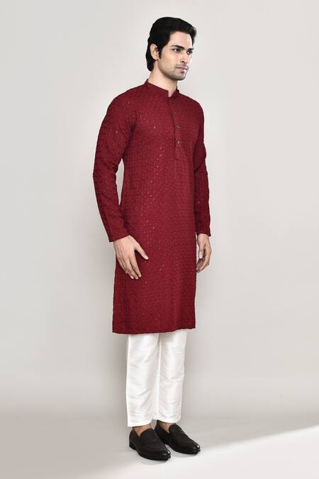 Arihant Rai Sinha_Maroon Rayon, Cotton, Silk Flower Jaal Chikankari Embroidered Kurta With Pant _at_Aza_Fashions