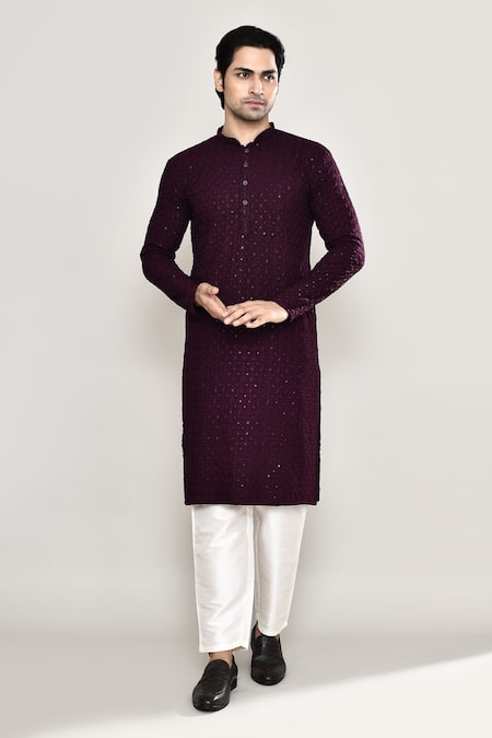 Arihant Rai Sinha Wine Rayon Cotton Embroidery Chikankari Floral Jaal Kurta With Pant 