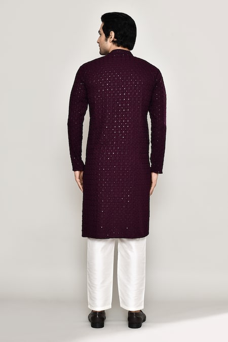 Shop_Arihant Rai Sinha_Wine Rayon, Cotton, Silk Floral Jaal Chikankari Embroidered Kurta With Pant _at_Aza_Fashions