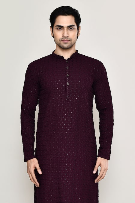 Buy_Arihant Rai Sinha_Wine Rayon, Cotton, Silk Floral Jaal Chikankari Embroidered Kurta With Pant _Online_at_Aza_Fashions
