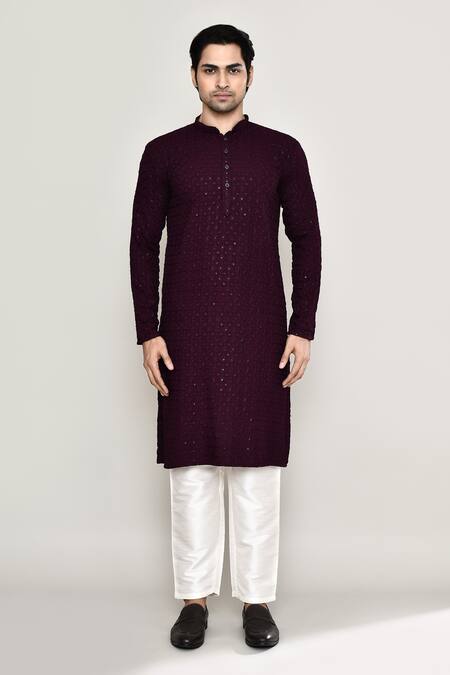 Shop_Arihant Rai Sinha_Wine Rayon, Cotton, Silk Floral Jaal Chikankari Embroidered Kurta With Pant _Online_at_Aza_Fashions