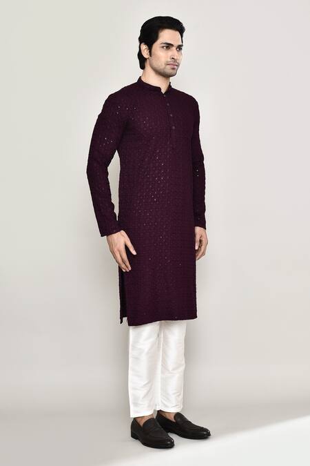 Arihant Rai Sinha_Wine Rayon, Cotton, Silk Floral Jaal Chikankari Embroidered Kurta With Pant _at_Aza_Fashions