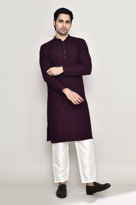 Buy_Arihant Rai Sinha_Wine Rayon, Cotton, Silk Floral Jaal Chikankari Embroidered Kurta With Pant 