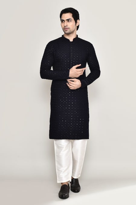 Arihant Rai Sinha Blue Rayon, Cotton Sequins Blossom Jaal Chikankari Embroidered Kurta With Pant 