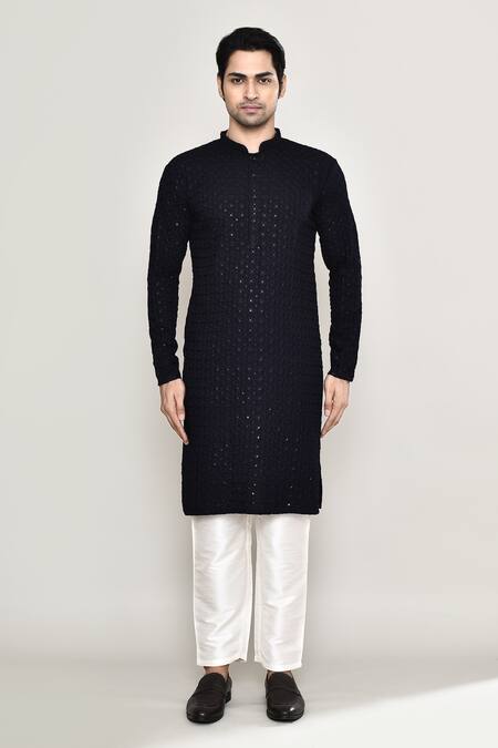 Shop_Arihant Rai Sinha_Blue Rayon, Cotton Sequins Blossom Jaal Chikankari Embroidered Kurta With Pant _Online_at_Aza_Fashions