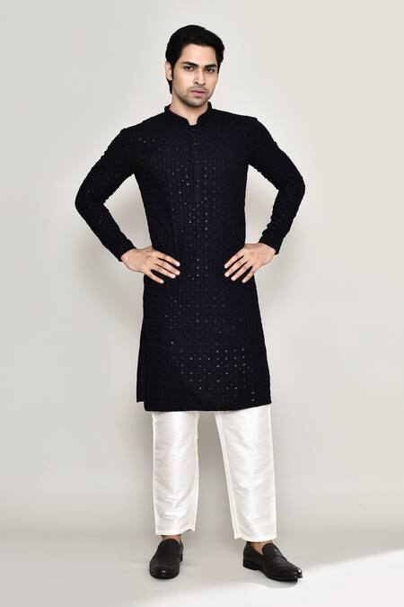 Buy_Arihant Rai Sinha_Blue Rayon, Cotton Sequins Blossom Jaal Chikankari Embroidered Kurta With Pant 