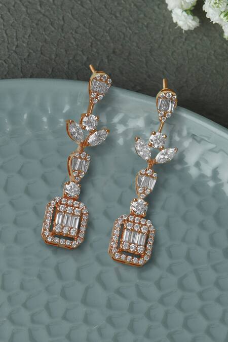 Fiona Diamonds Rose Gold Imitation Diamonds 14kt Marquise Lab Drop Earrings Online at Aza Fashions Fiona Diamonds_Rose Gold Imitation Diamonds 14kt Marquise Lab Drop Earrings_Online_at_Aza_Fashions