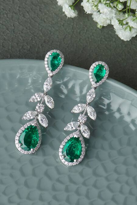Fiona Diamonds Green Diamonds, Stones 14kt White Gold Lab Embellished Chandelier Earrings Online at Aza Fashions Fiona Diamonds_Green Diamonds, Stones 14kt White Gold Lab Embellished Chandelier Earrings_Online_at_Aza_Fashions