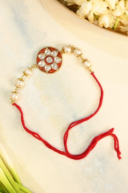 Shlok Jewels Orange Crystals Kundan Floral Rakhi 