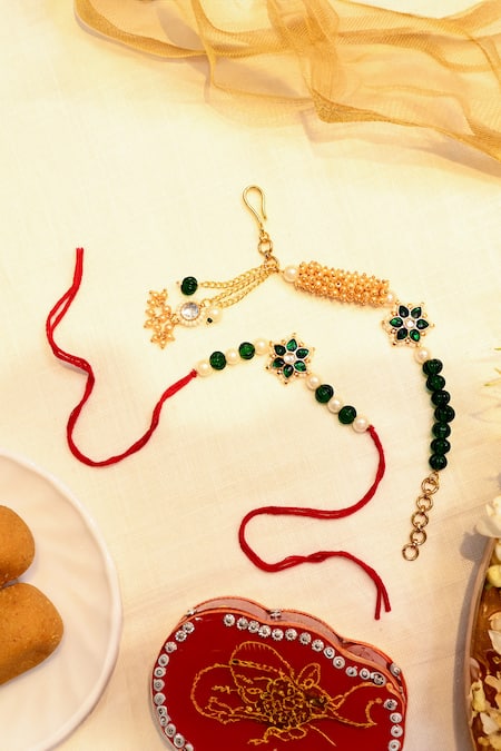 Shlok Jewels Green Gemstones, Crystals Kundan And Semi-precious Rakhi Set