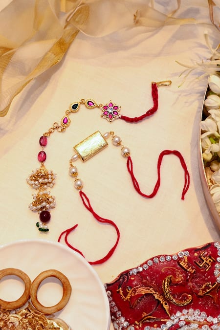 Shlok Jewels Gold Gemstones Kundan Lumba And Rakhi Set