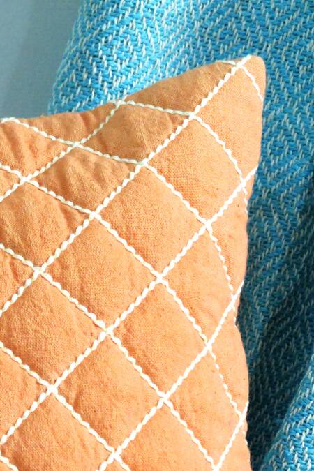 Mid July Home_Peach Cotton Quilted Pattern Square Shaped Cushion Cover_Online_at_Aza_Fashions
