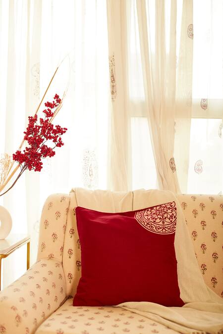 Shop Inheritance India Maroon 100% Cotton Rangoli Block Print Cushion Covers - Set Of 4 Online at Aza Fashions Shop_Inheritance India_Maroon 100% Cotton Rangoli Block Print Cushion Covers - Set Of 4_Online_at_Aza_Fashions