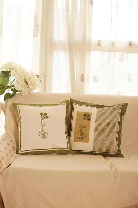 Inheritance India White 100% Cotton Mughal Block Pattern Cushion Covers - Set Of 4 