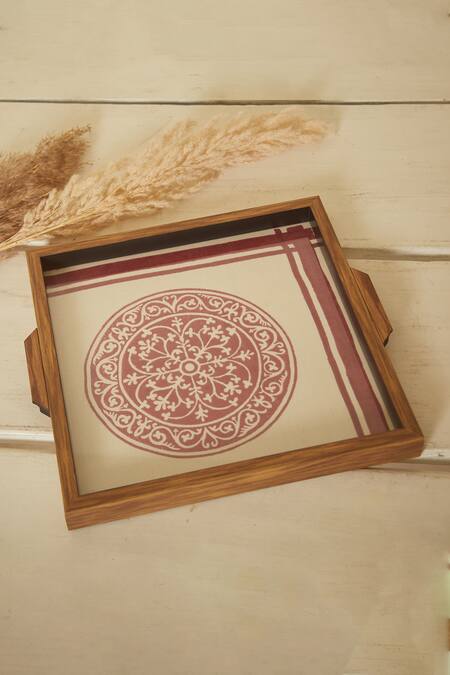 Shop Inheritance India White Glass, Wood, Cotton Block Print Rangoli Tray at Aza Fashions Shop_Inheritance India_White Glass, Wood, Cotton Block Print Rangoli Tray_at_Aza_Fashions