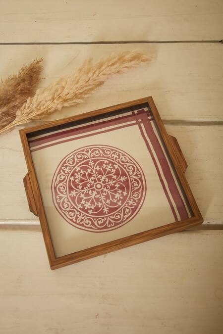 Inheritance India White Glass, Wood, Cotton Block Print Rangoli Tray Online at Aza Fashions Inheritance India_White Glass, Wood, Cotton Block Print Rangoli Tray_Online_at_Aza_Fashions