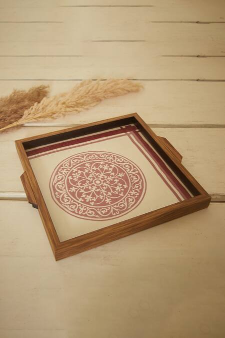 Shop Inheritance India White Glass, Wood, Cotton Block Print Rangoli Tray Online at Aza Fashions Shop_Inheritance India_White Glass, Wood, Cotton Block Print Rangoli Tray_Online_at_Aza_Fashions
