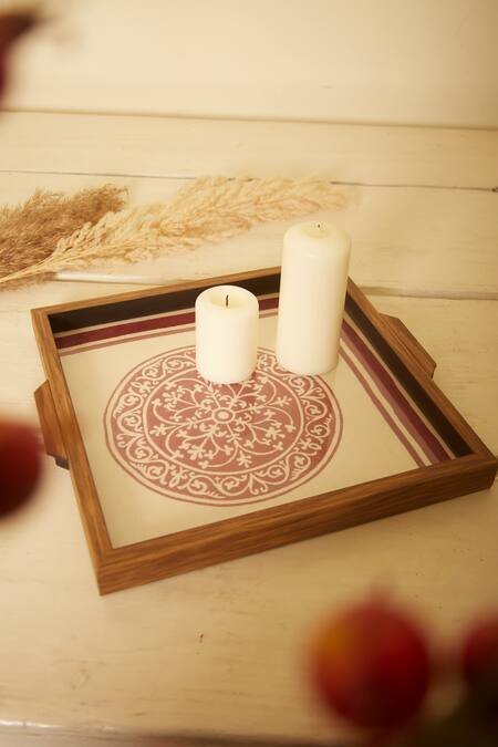 Inheritance India White Glass, Wood, Cotton Block Print Rangoli Tray at Aza Fashions Inheritance India_White Glass, Wood, Cotton Block Print Rangoli Tray_at_Aza_Fashions