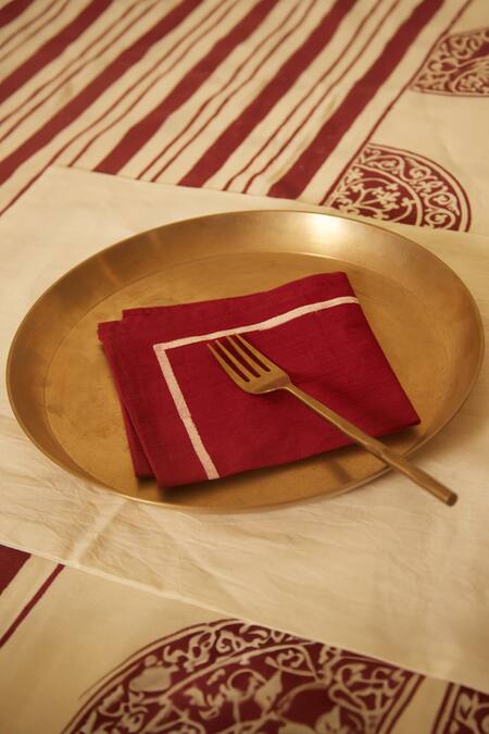 Shop Inheritance India White 100% Cotton Block Print Rangoli Table Cloth at Aza Fashions Shop_Inheritance India_White 100% Cotton Block Print Rangoli Table Cloth_at_Aza_Fashions