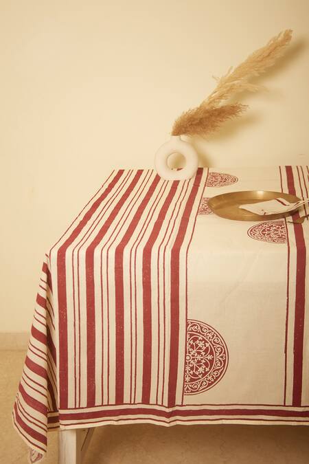 Inheritance India White 100% Cotton Block Print Rangoli Table Cloth Online at Aza Fashions Inheritance India_White 100% Cotton Block Print Rangoli Table Cloth_Online_at_Aza_Fashions