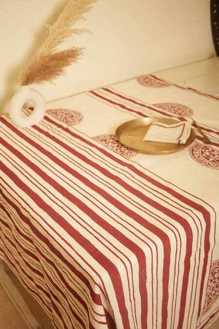 Shop Inheritance India White 100% Cotton Block Print Rangoli Table Cloth Online at Aza Fashions Shop_Inheritance India_White 100% Cotton Block Print Rangoli Table Cloth_Online_at_Aza_Fashions