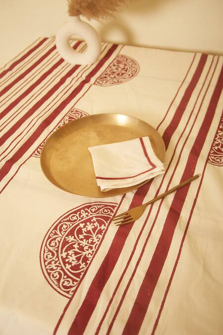 Inheritance India White 100% Cotton Block Print Rangoli Table Cloth at Aza Fashions Inheritance India_White 100% Cotton Block Print Rangoli Table Cloth_at_Aza_Fashions